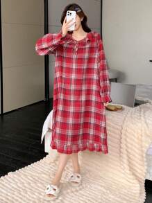 DAZY Christmas Plaid Sweet Ruffle Hem Loose Nightgown Pajama - Red - View 3