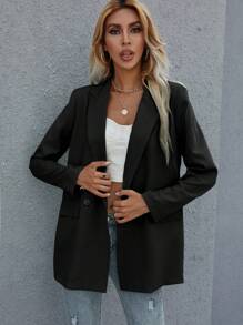 SHEIN PETITE Women's Fashion Casual/Work Solid Peak Lapel Double-Breasted Suit Jacket