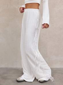 SHEIN SXY Women's Casual Solid Color Textured Bow Loose Wide Leg Pants,Going Out Bottoms, - White - View 2