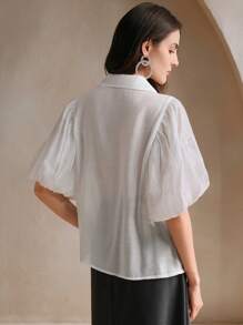 Anewsta 1 件女士优雅泡泡袖花卉珍珠串珠装饰透明女式衬衫