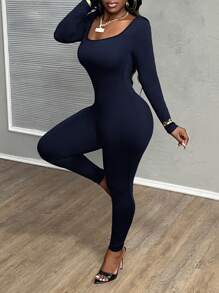 Slaydiva Women Solid Color Casual Fitted Jumpsuit, Autumn - Blue - View 5