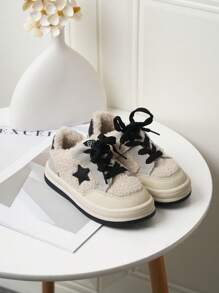 冬季防滑星星印花保暖毛绒内衬低帮儿童运动鞋 - 米色 - 查看 3