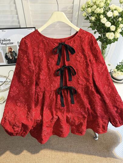 SHEIN Privé Plus Size Women Floral Embroidered Tie Front Lantern Sleeve Ruffle Hem Loose Blouse, Autumn