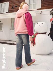 SHEIN 1 件 Tween 女童夹克，毛绒拼布，舒适亲肤连帽长袖保暖内衬，秋冬季夹克适合户外、城市街拍、日常穿着、上学等场合 - 彩色 - 查看 4