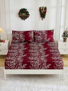 3 件圣诞勃艮第背景白叶数码印花床上用品套装，适合所有季节，圣诞节庆祝活动，适用于卧室、家居装饰 - 酒紅色 - 查看 4