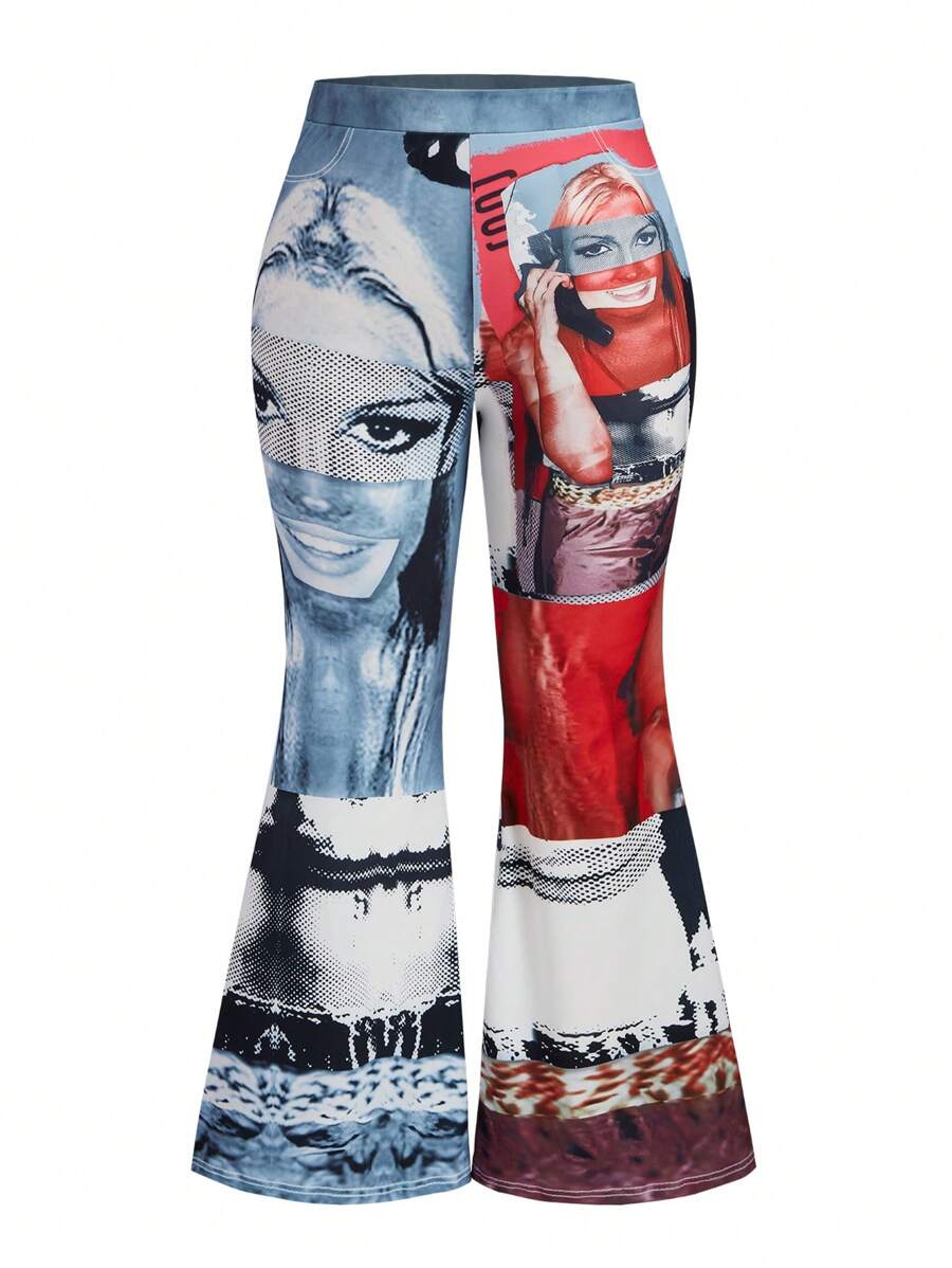 Flirla Plus Size Women's Figure Print Flared Fashion Casual Pants Fall Cloth For Women - Multicolor - View 1