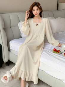 DAZY Textured Fabric Lace Patchwork Square Collar Ruffle Hem Nightgown Pajama, For Fall, Winter, Moo Moo Night Dress - Beige - View 3