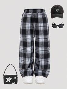 SHEIN 年轻女孩舒适简约宽松阔腿裤，编织格子宽松休闲裤，中腰，非常适合夏季、秋季和冬季的休闲和日常穿着以及学校日常穿着，妈妈和女儿搭配 - 黑與白 - 查看 7