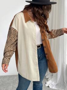 SHEIN LUNE Plus Size Leopard Print Patchwork Color Block Casual Jacket, Autumn Winter Fall - Multicolor - View 3