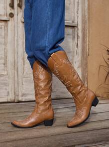 Styleloop Women's Pointed Toe Fashion Versatile Embroidered Western Boots, BOHO Style, American Retro Bohemian Western Music Festival Party Christmas Halloween Outfit - Brown - View 10