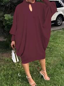 New Casual & Elegant Loose Batwing Sleeve Crew Neck Solid Color Plus Size Dress - Burgundy - View 1
