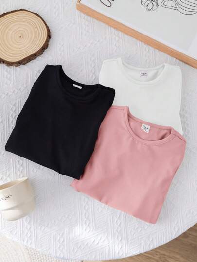 3pcs/Set Young Girl Plain Color Knit Collared Fitted Casual Romper Set Long Sleeve Bodysuitteen Girl Clothes>Teen Girls Bodysuitsbodysuit Young Girl