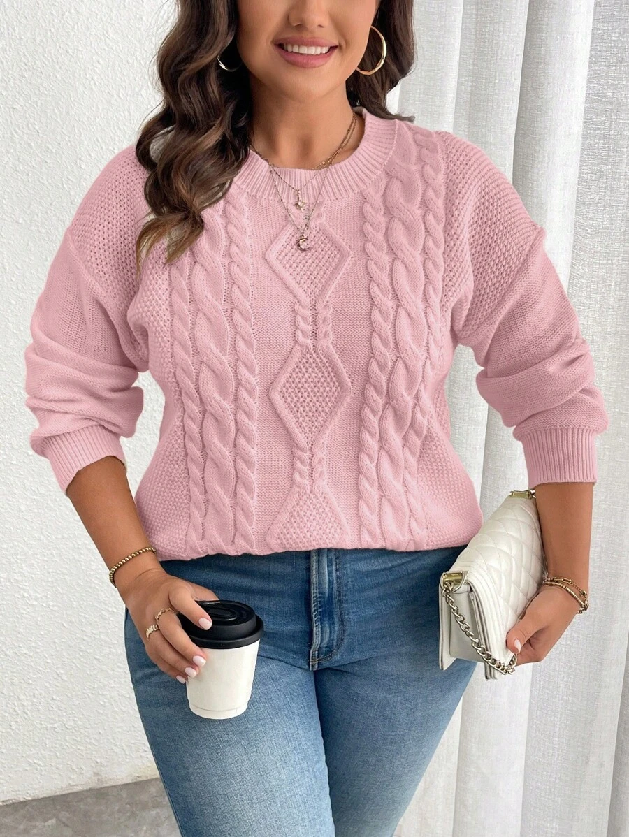 Calvaya Plus Size Solid Color Round Neck Cable Knit Casual Pullover Sweater, For Winter Knit Pullover Fall - Pink - View 1