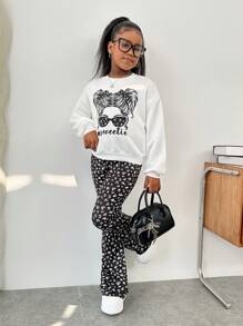 SHEIN Tween Girls Casual Knit Face & Floral Graphic Crewneck Sweatshirt And Flare Pants Set, For Home, Street, Comfortable - Black and White - View 3