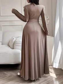 Modelyn Đầm dài thanh lịch cổ đứng tay dài họa tiết sọc tăm cho nữ Đầm dạ hội dài - Cà phê - Xem 6