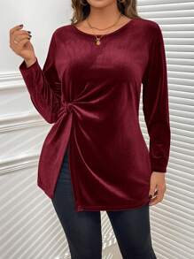 SHEIN Clasi 女式加大码优雅纯色扭结开衩下摆 T 恤，秋季 - 酒紅色 - 查看 6