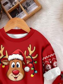 SHEIN Young Boys Casual Minimalist Christmas Elements Graphic Loose Fit Crew Neck Comfortable Knit Sweatshirt, Suitable For Autumn And Winter