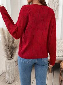 SHEIN LUNE Áo len nữ dáng rộng Áo len dệt kim màu trơn Áo len dài tay - Đỏ - Xem 2