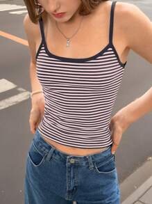 INAWLY 女士休闲日常百搭条纹印花修身短款吊带背心上衣夏季图案 T 恤女式上衣 - 霧霾藍 - 查看 3