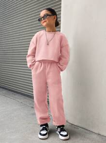 SHEIN Tween Girl Loose Solid Retro Cropped Crew Neck Hoodie And Sweatpants Casual 2 Pieces Set