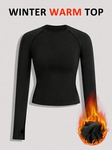 1 件纯色长袖无缝运动 T 恤，带拇指孔