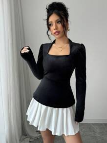 Elenzga 女士优雅法式复古时尚方领上衣和百褶裙套装 - 彩色 - 查看 5