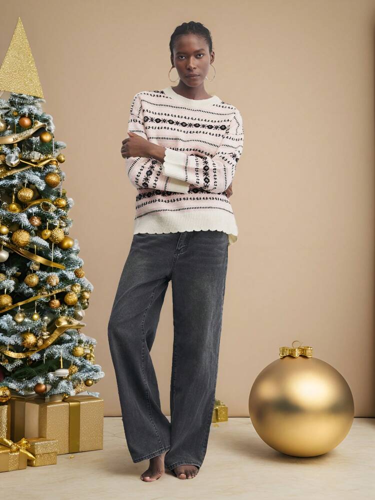 SHEIN Maija Women's Christmas Round Neck Long Sleeve Patterned Warm Knit Pullover, Simple Lightweight Pink Design For Winter