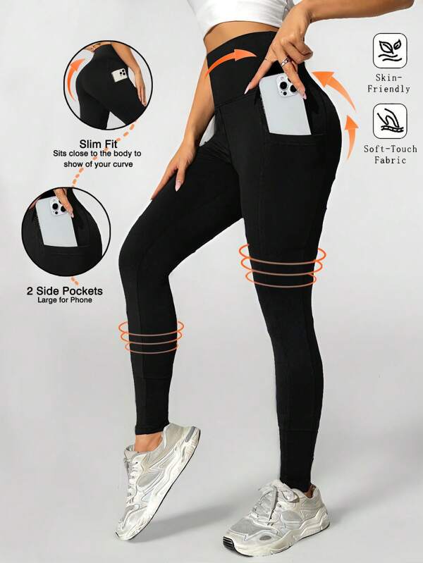 SHEIN Essnce Legging de yoga confortable et extensible avec poches, convient pour la course, le fitness, les sports décontractés, pantalon long moulant pour femmes tricotées