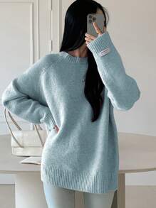 DAZY Women's Loose Fit Crew Neck Long Sleeve Solid Color Sweater,Fall Women Clothes - Blue - View 4