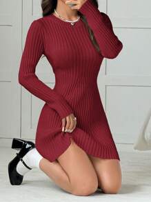 SHEIN EZwear 女士休闲纯色圆领 A 字形毛衣连衣裙，秋冬 - 酒紅色 - 查看 3