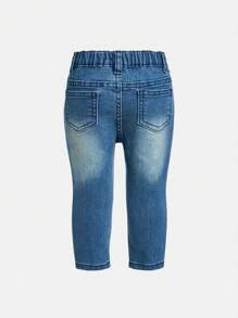 SHEIN Baby Girl Elastic Fitted Rinsed Dark & Light Blue 3-Piece Set, Rinsed Comfortable Soft Denim Pants Chic Outfits For Autumn/Winter - Multicolor - View 6