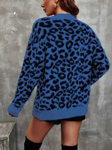 Calvaya Cárdigan de punto de hombros caídos con jacquard de estampado de leopardo, para otoño/invierno