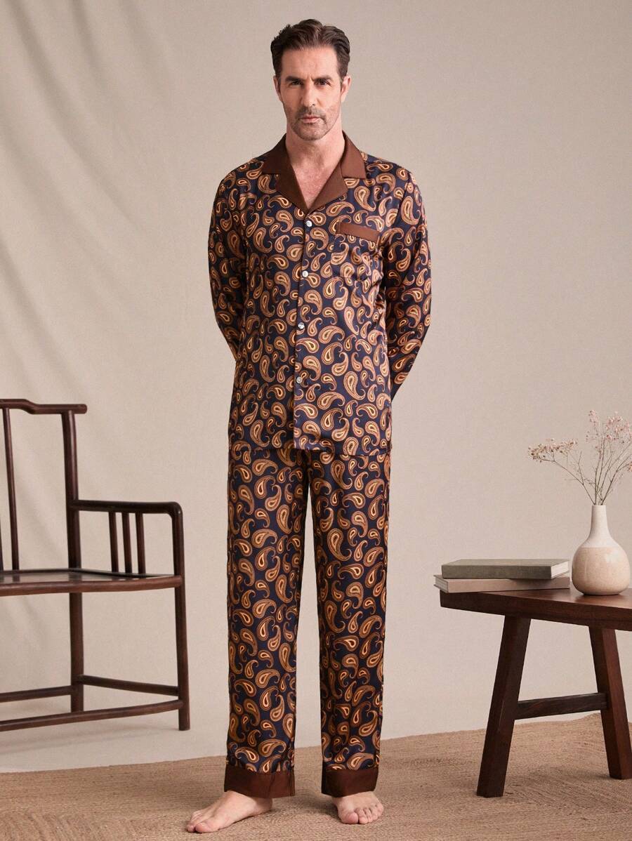 EverLounge 1set Men Solid Color Button Front Long Sleeve Top And Pants Casual Loungewear - Multicolor - View 1