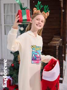 1 pezzo Abito lungo con cappuccio e maniche lunghe, con motivo natalizio e orlo con nappe, adatto per uso all''aperto o in vacanza - Albicocca - Visualizzare 4