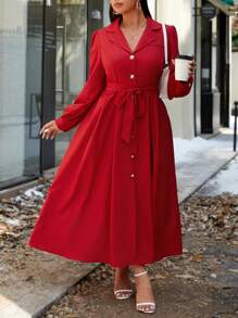 SHEIN Unity 法式优雅极简风红领长裙独特高端女神优雅女士秋季连衣裙新年衣服长款女装 - 紅色 - 查看 3