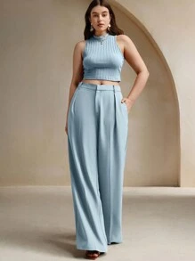 Anewsta Plus Size Women Navy Blue Casual Office Elegant Fashion Straight-Leg Suit Pants