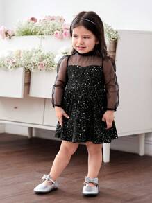 Baby Girl Elegant Cute Black Mesh Contrast Sequin Long Sleeve Knitted Dress New Years Outfit - Black - View 7