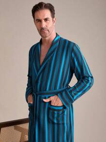 SHEIN EverLounge Men's Striped Print Pocket Tie-Waist Long Sleeve Bathrobe