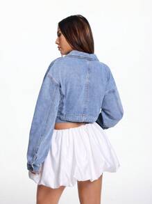 SHEIN EZwear 女士纯色翻领长袖领带休闲夹克，日常穿着 - 藍色 - 查看 2