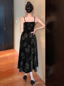 DAZY 女士丝绒印花中长连衣裙，秋冬季，新年舞会礼服，优雅女士连衣裙 - 黑色 - 查看 3