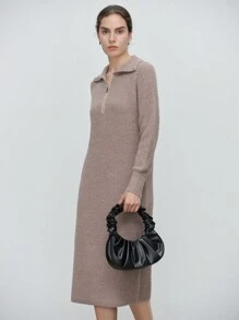 SHEIN LUNE 女士休闲纯色拉链半前毛衣连衣裙，适合秋冬季 - 摩卡棕 - 查看 3