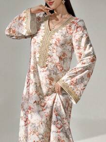 Al Najma Women's Floral Print, Crochet Patchwork, Long Sleeve Dress, Modest Elegant A Line Kaftan & Jalabiya Dress, For Evening Party/Wedding Guest/Anniversary/Daily Wear - Khaki - View 4