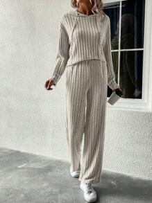 SHEIN Essnce 2pcs Women Casual Drop Shoulder Solid Ribbed Hoodie Sweatshirt & Pants Set, Spring & Autumn - Camel - View 1