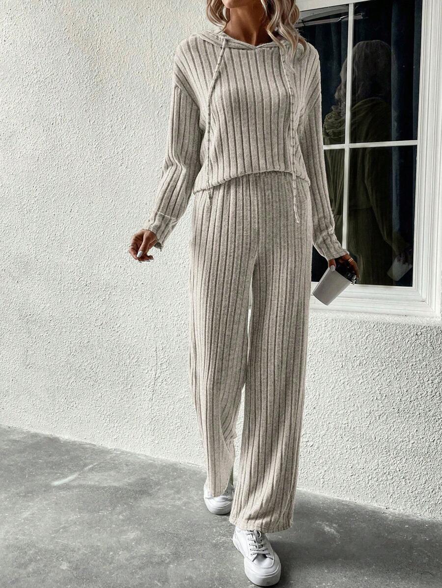 SHEIN Essnce 2pcs Women Casual Drop Shoulder Solid Ribbed Hoodie Sweatshirt & Pants Set, Spring & Autumn - Camel - View 1