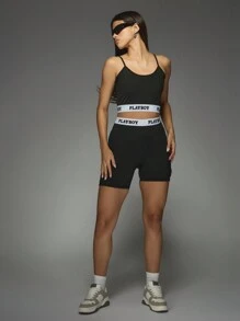 Missguided x Playboy Co Ord Set Elastic Waist Band Biker Shorts Crop Top Summer Stretch Two Piece Set - Black - View 6