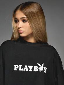 Missguided x Playboy 超大落肩短款徽标印花 T 恤，喇叭袖，带有醒目的图形设计，休闲街头服饰秋冬 - 黑色 - 查看 3