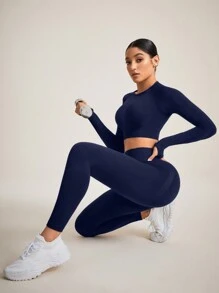 Eassivo Eassivo Women Solid Color Open Back Seamless Sports Set Gym Set Workout Women Set Women Leggings Setgym Set - Navy Blue - View 3