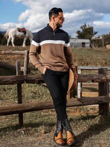 Manfinity Homme Jersey casual con cierre de cremallera delantero, manga larga, bloque de color y gráfico de rayas para hombre, para golf, esposo
