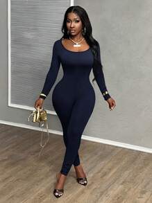 Slaydiva Women Solid Color Casual Fitted Jumpsuit, Autumn - Blue - View 8