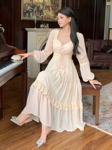 DAZY 女士宫廷风纯色荷叶边长袖连衣裙，新年舞会礼服，秋季优雅女士连衣裙长款连衣裙 - 米色 - 查看 3